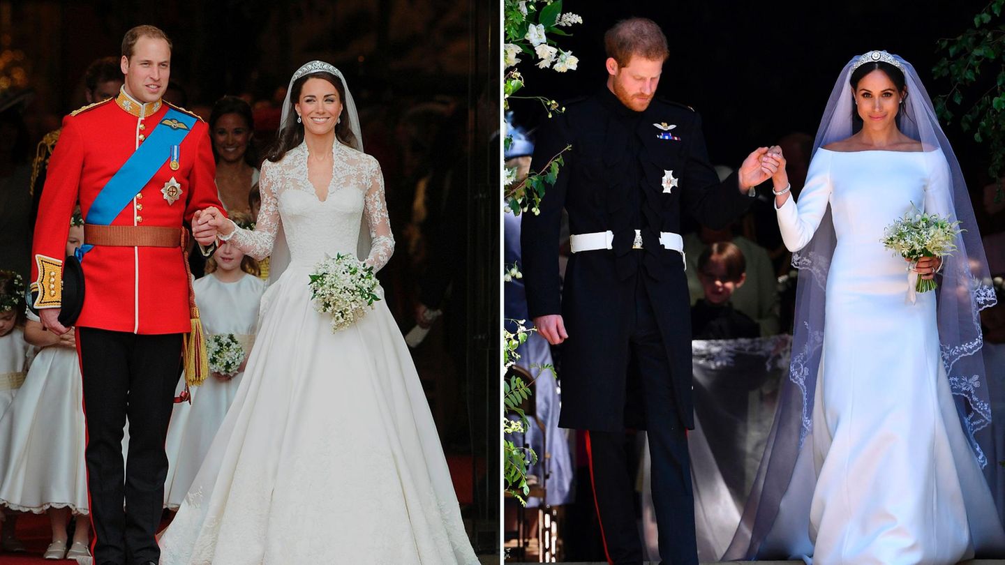 Herzogin Kate bei ihrer Hochzeit mit Prinz William (l.) und Meghan Markle nach der Trauung mit Prinz Harry