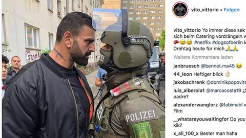 Instagram-Post von Vito Pirbazari: Ein aggressiver Mann starrt einem Polizisten in die Augen