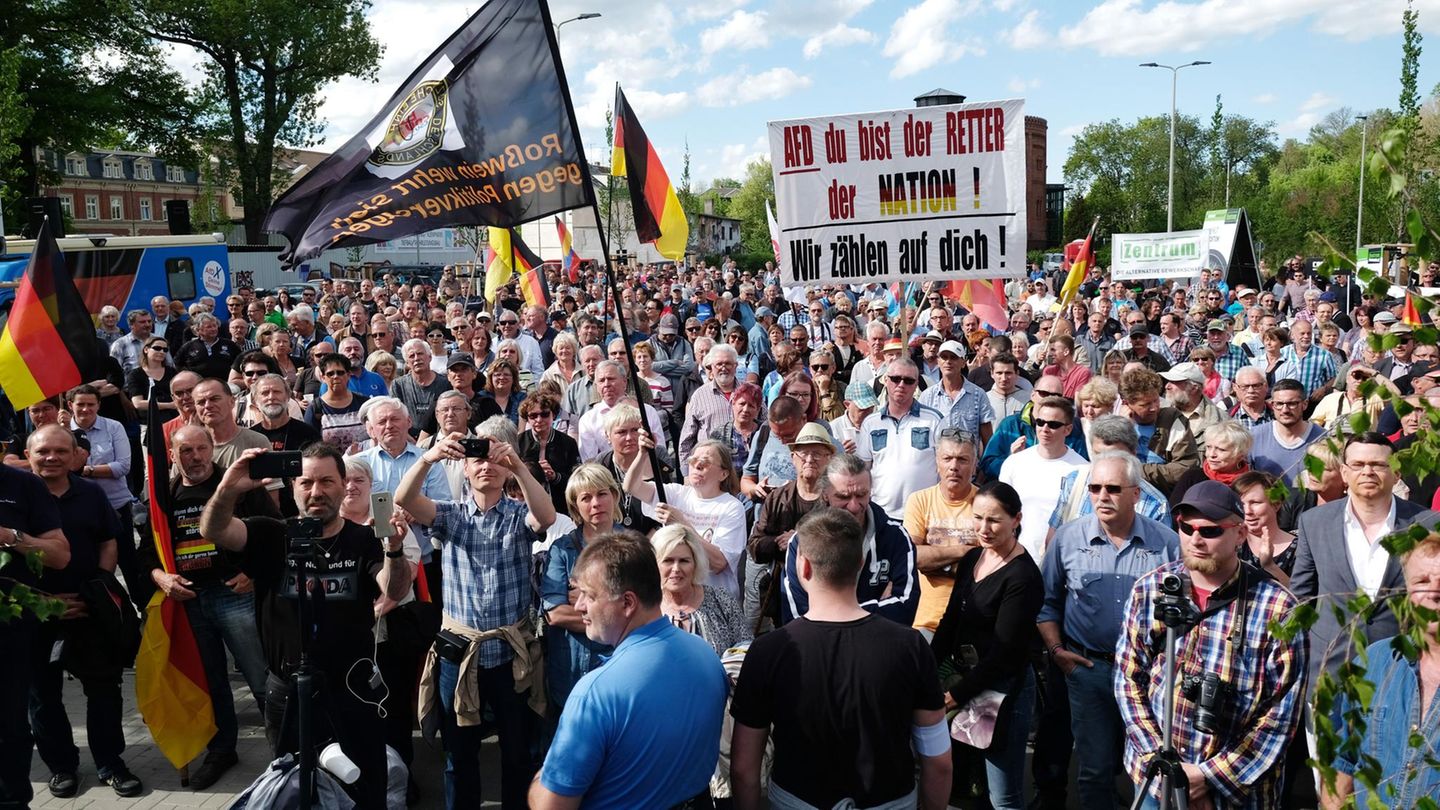 Teilnehmer einer AfD-Kundgebung im April in Zwickau