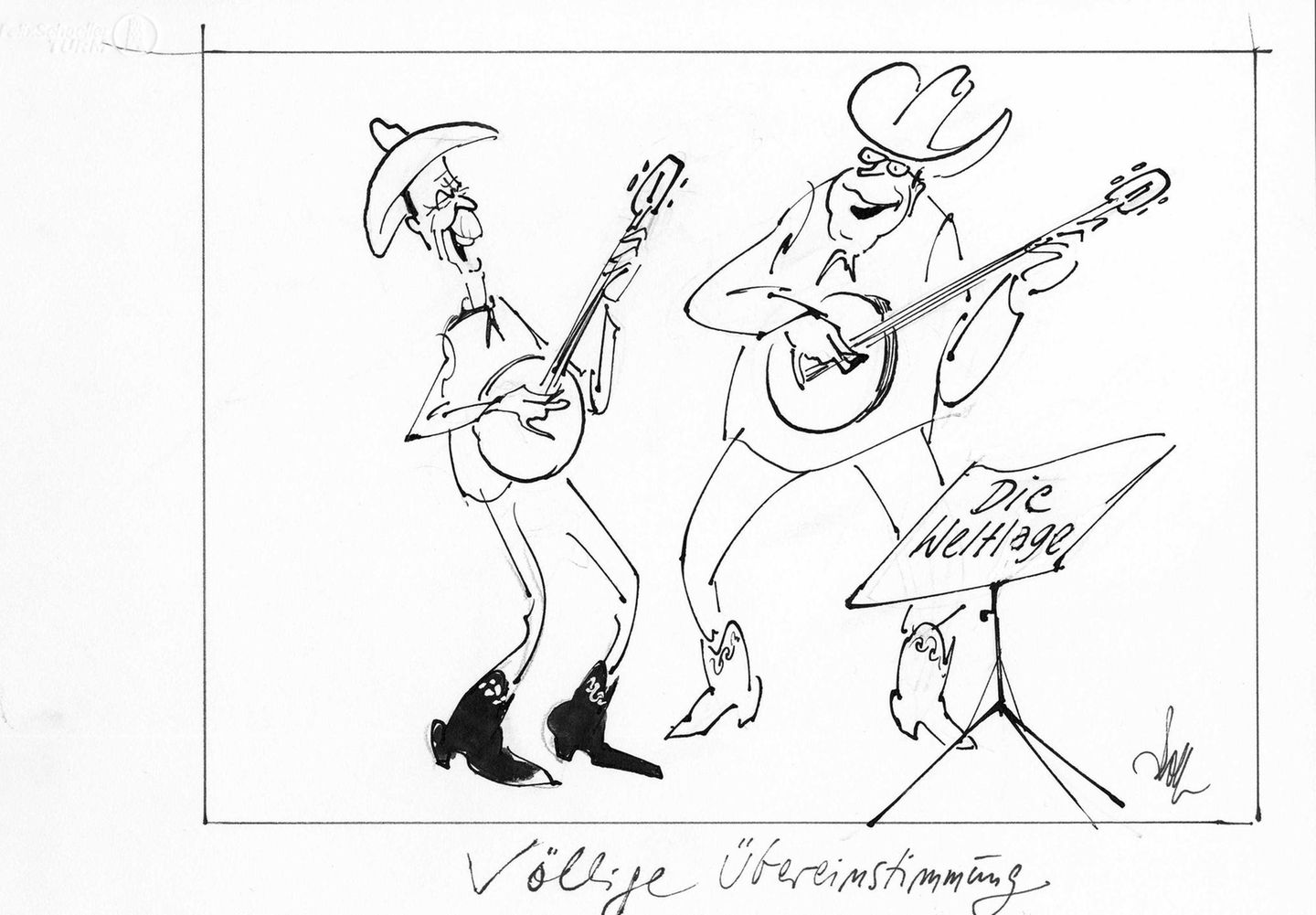 Ohne große Dissonanzen verlief der Besuch von Bundeskanzlerin Angela Merkel bei US-Präsident Donald Trump. Der Osnabrücker Karikaturist Fritz Wolf bemühte früher gern die Welt der Musik, um nicht nur das transatlantische Miteinander aufs Korn zu nehmen.