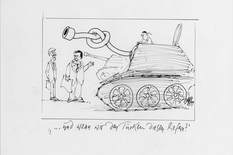 Deutsche Panzer für die Türkei? Der Osnabrücker Karikaturist Fritz Wolf hat 1999 mit einer Karikatur seinen persönlichen Lösungsvorschlag unterbreitet.