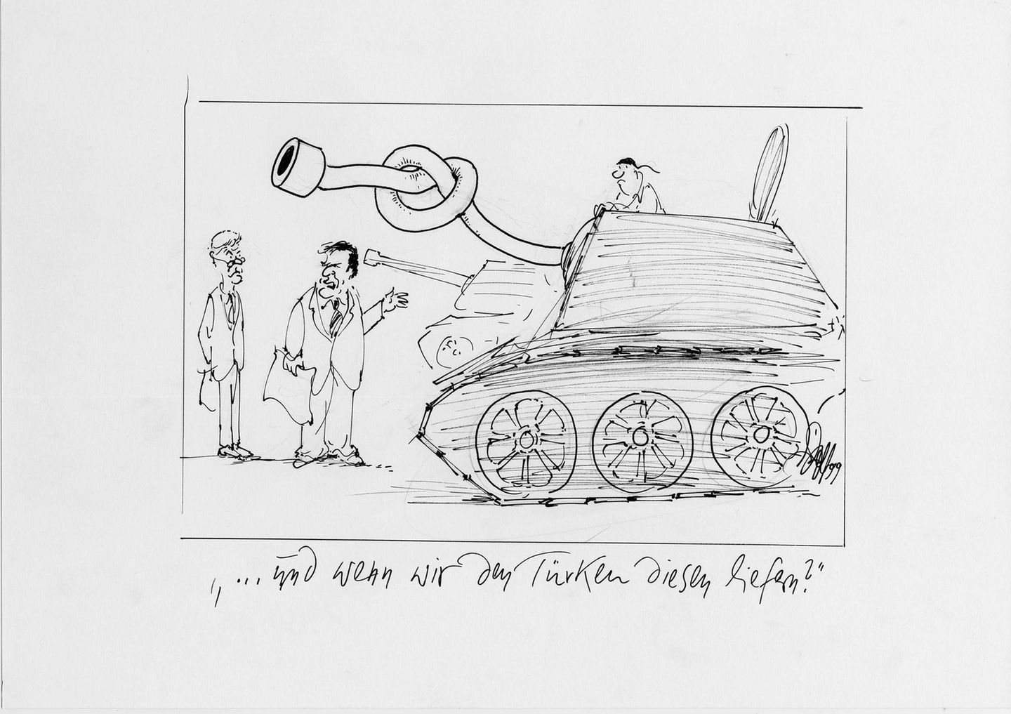 Deutsche Panzer für die Türkei? Der Osnabrücker Karikaturist Fritz Wolf hat 1999 mit einer Karikatur seinen persönlichen Lösungsvorschlag unterbreitet.