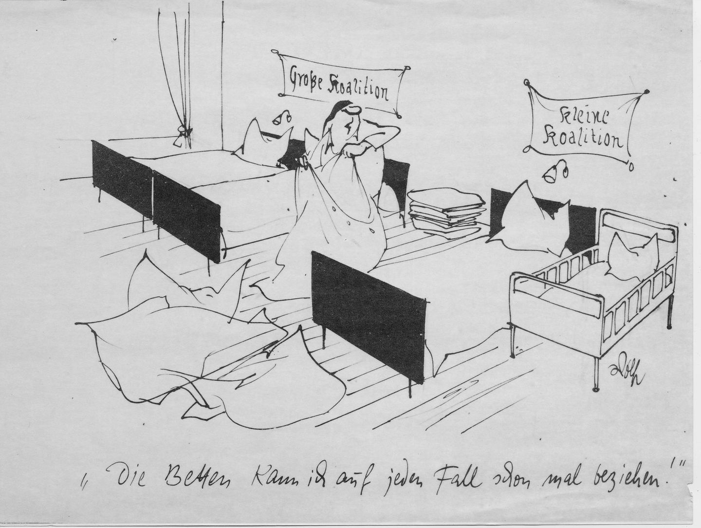 Groko - oder nicht? Diese Frage gehört derzeit zu den meistgestellten in der Republik. Neu ist sie dagegen nicht, wie Fritz Wolfs Karikatur "Die Betten kann ich auf jeden Fall schon Mal beziehen" vom 23. September 1969 belegt.