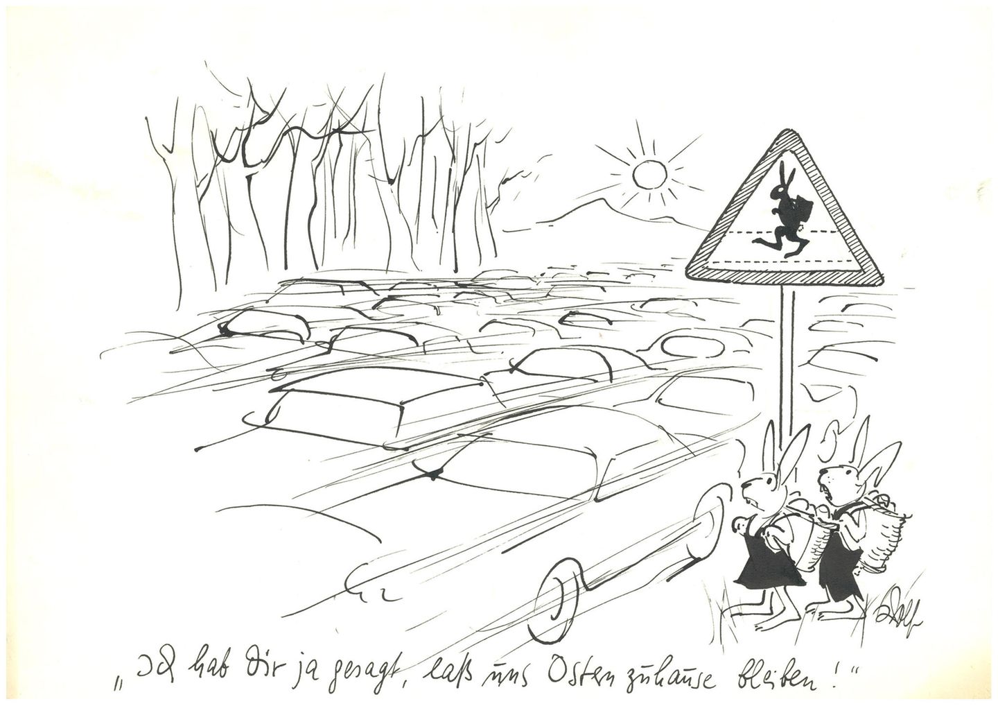 Osterei und Osterhase haben einen festen Platz in der deutschen Feiertagskultur. Für den Karikaturisten Fritz Wolf boten christliche Feste die Chance, auch gesellschaftskritische Themen aufzugreifen. 