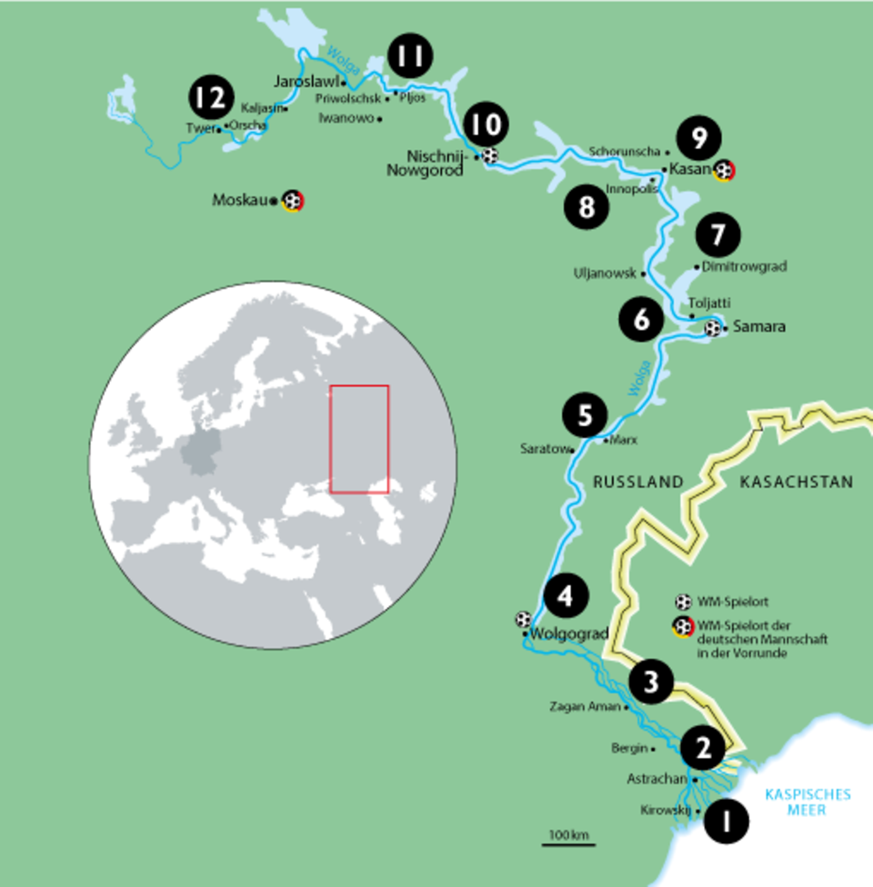 Reise durch das WM-Land: Die Route der Wolga-Reise - Klicken Sie unten auf eine der Etappen, um zum Beitrag zu kommen: 1. Kirowskij 2. Astrachan 3. Kalmükien 4. Wolgograd 5. Marx, Sorkino 6. Toljatti 7. Dmitrowgrad 8. Innopolis 9. Kasan 10. Nischnij Nowgorod 11. Pljos, Iwanow 12. Twer 13. Orscha (bei Twer) Die Route der Wolga-Reise - Klicken Sie unten auf eine der Etappen, um zum Beitrag zu kommen: 1. Kirowskij 2. Astrachan 3. Kalmükien 4. Wolgograd 5. Marx, Sorkino 6. Toljatti 7. Dmitrowgrad 8. Innopolis 9. Kasan 10. Nischnij Nowgorod 11. Pljos, Iwanow 12. Twer 13. Orscha (bei Twer)