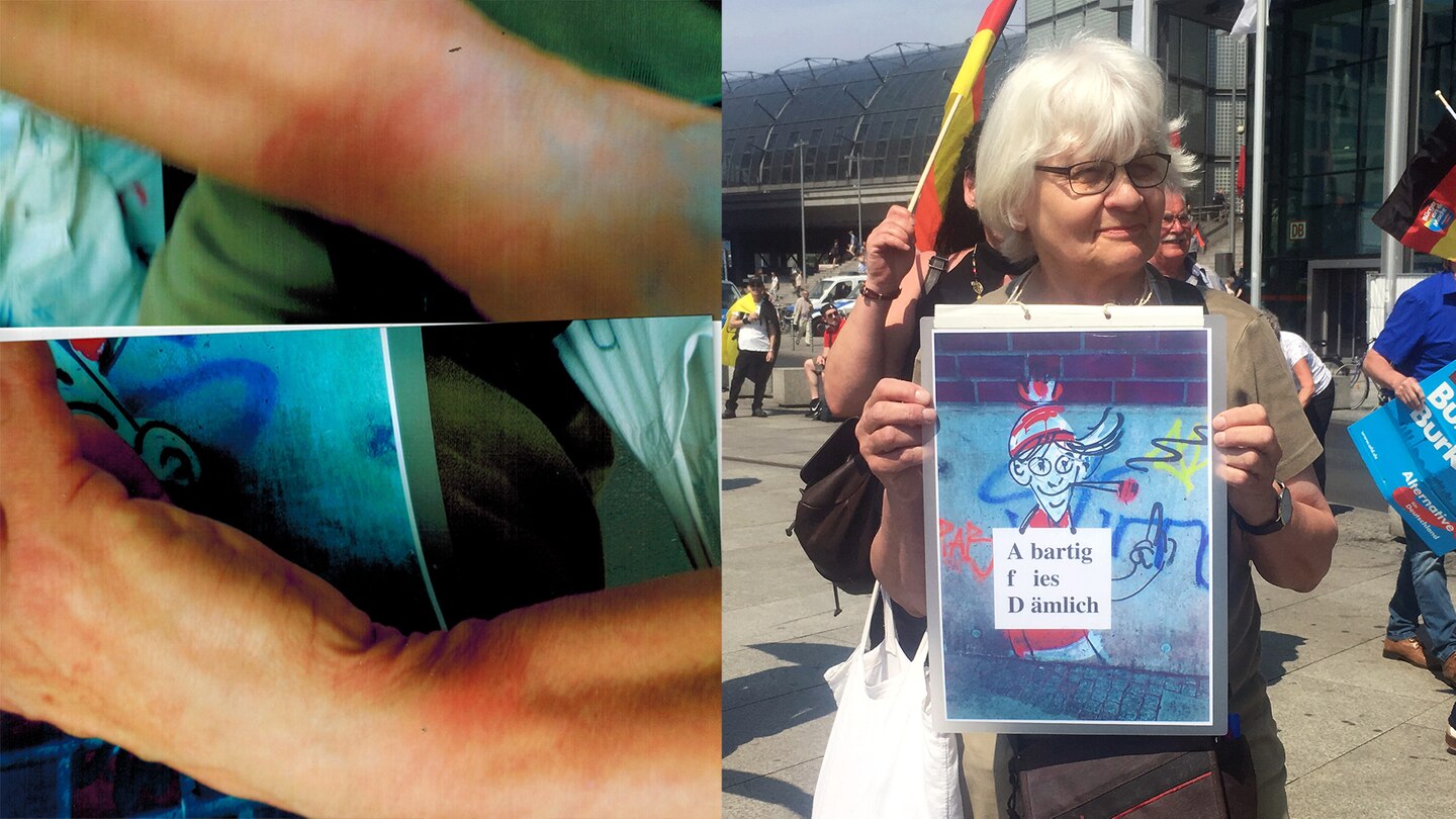 Irmela Mensah-Schramm hält ein Anti-AfD-Plakat hoch