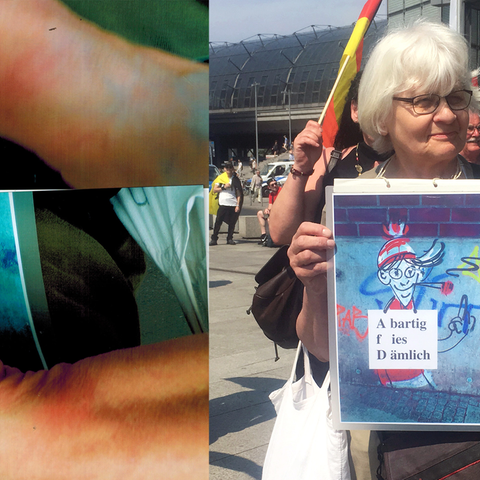 Irmela Mensah-Schramm hält ein Anti-AfD-Plakat hoch