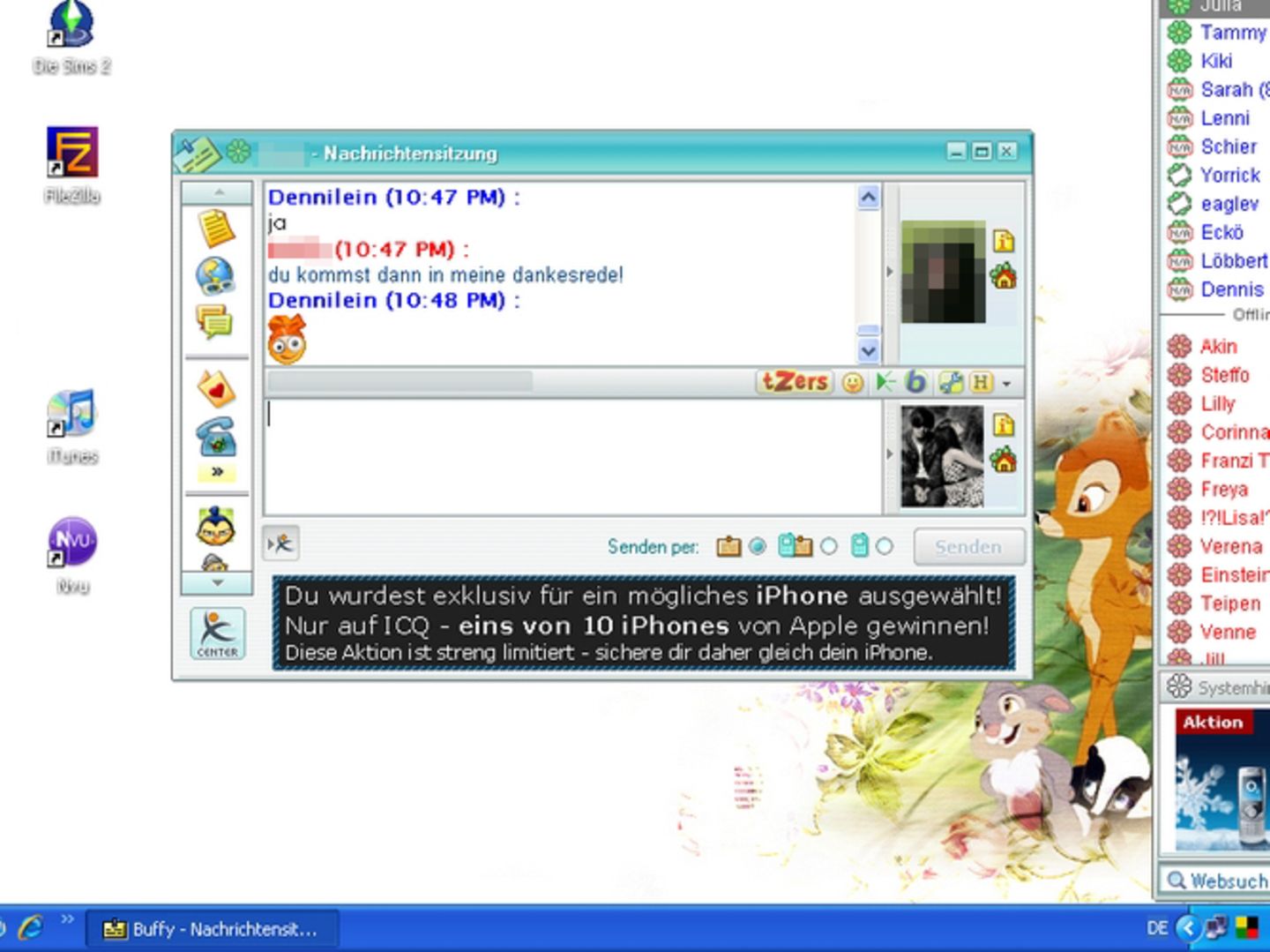 Der einzige Screenshot von ICQ, den ich von mir noch finden konnte, übrigens aus dem Jahr 2007. Stilecht mit Bambi-Wallpaper und "Sims 2" auf dem Desktop.