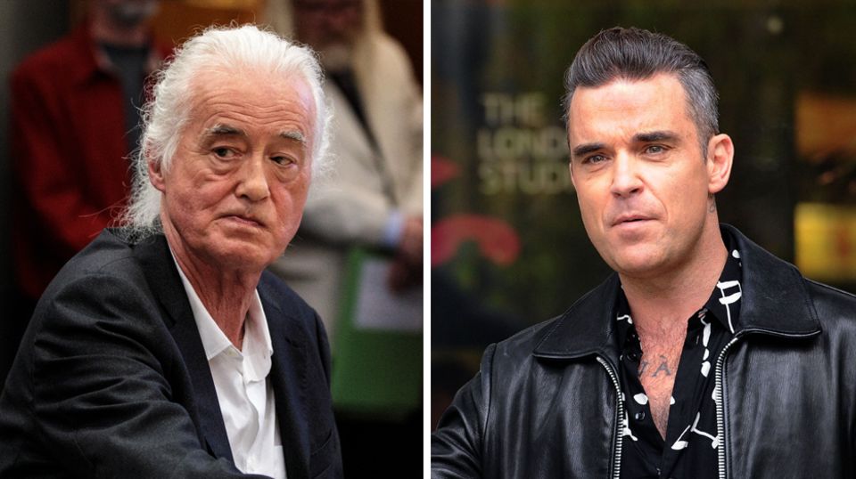 Die Bildkombo zeigt Jimmy Page (links) und Robbie Williams.