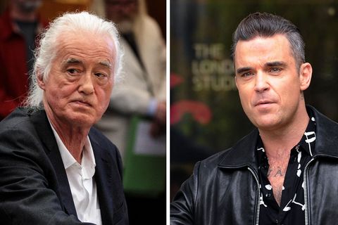 Die Bildkombo zeigt Jimmy Page (links) und Robbie Williams.