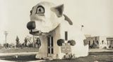 Im strandnahen Stadtteil Venice sorgte 1930 dieser einsame Hund für Aufmerksamkeit, um Autofahren zum Bremsen und einer Pause im Pup Café zu animieren.
