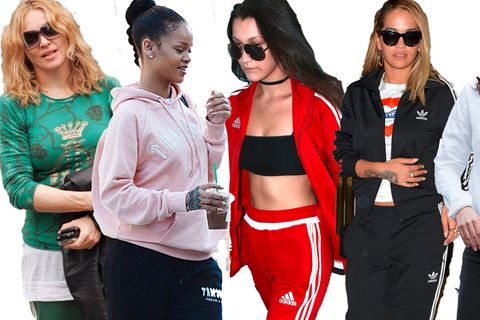 Hauptsache bequem: Stars wie Madonna (l.) oder Rihanna lieben ihre Jogginghosen. Selbst Herzogin Catherine (r.) zeigte sich schon öffentlich im sportlichen Outfit.