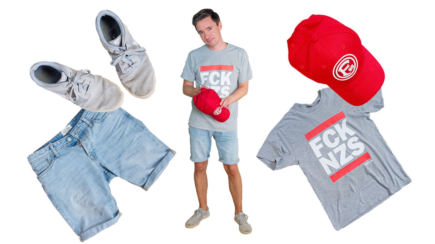 Tim  Ich bin bei meinem Outfit einfach mal von einem durchgehend warmen und sonnigen Wochenende ausgegangen. Zumindest was deutsche Festivals betrifft, ist das natürlich komplett unrealistisch - aber man wird ja noch träumen dürfen. Die Kollegen sagen, das sei kein Festival-Outfit, sondern mein ganz normaler Style für einen Sommertag. Stimmt, aber genau so gehe ich halt auch auf Festivals: die ältesten und abgewetztesten Sneaker, die mein Schrank hergibt; ein Cap (natürlich von meinem Fußballverein, der glorreichen Fortuna aus Düsseldorf), damit die Haare egal sind; und dringliche Botschaften auf Shirts gehen im Alltag eher selten, auf Festivals dafür aber umso mehr - und sind eine gute Alternative zum omnipräsenten Bandshirt.