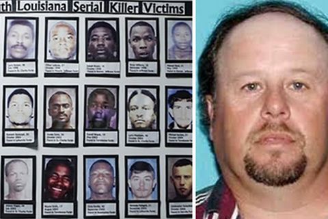 Ronald Joseph Dominique (r.) und die Bilder seiner Opfer