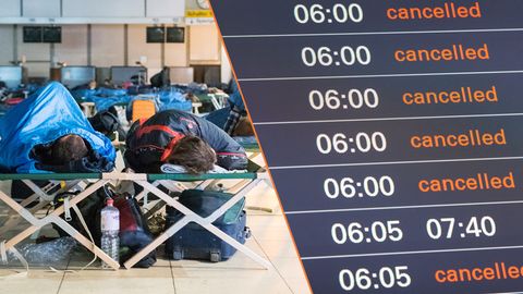Die Anzeigetafel im Flughafen Hamburg zeigte am 3. Juni nur gestrichene Verbindungen an. Der Airport musste den Betrieb nach einem Stromausfall komplett eingestellten.