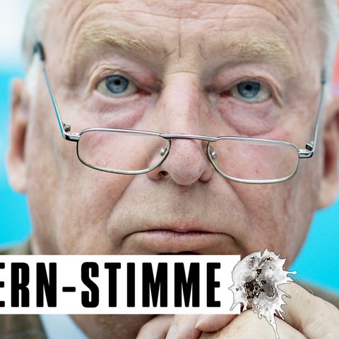 AfD-Politiker Alexander Gauland sitzt vor einem blauen Hintergrund, auf den Vogelkot-Flecken montiert sind.