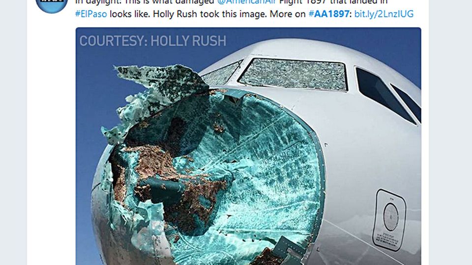 Die zerstörte Frontpartie des Airbus A319 nach der Landung in El Paso, Texas