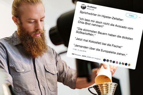 Ein Hipster-Barista mit Bart und Man Bun macht einen Kaffee