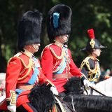 Unter den Bärenfellmützen versteckten sich Prinz Charles (l.) und Prinz William. Sie ritten ebenso wie Prinz Andrew in voller Montur hinter der Kutsche der Queen.