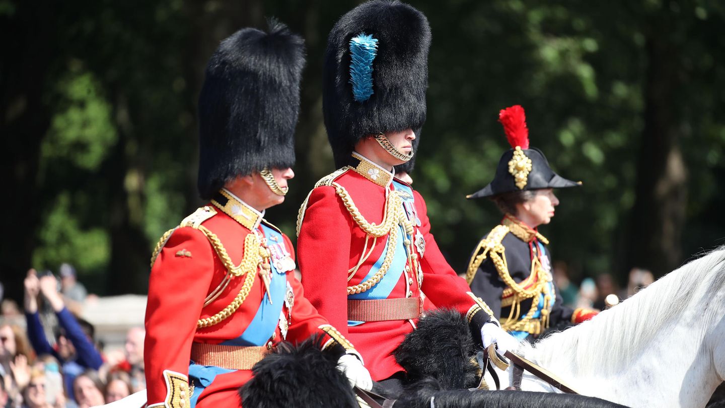 Unter den Bärenfellmützen versteckten sich Prinz Charles (l.) und Prinz William. Sie ritten ebenso wie Prinz Andrew in voller Montur hinter der Kutsche der Queen.