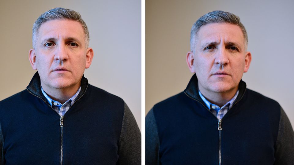 Forscher Julio Martinez-Trujillo mit verschiedenen Gesichtsausdrücken: Die rechte Aufnahme zeigt ihn mit Fältchen um die Augen, einem Merkmal des Duchenne-Ausdrucks