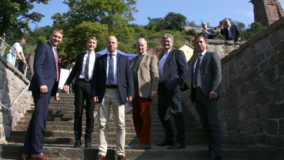 Andreas Kalbitz (M.) im Zentrum der AfD-Männer André Poggenburg, Björn Höcke, Alexander Gauland und Jörg Meuthen (v. l.)