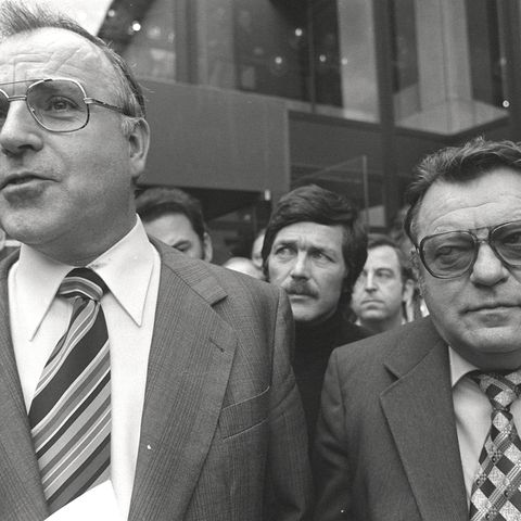 Helmut Kohl (l.) und Franz Josef Strauß nach dem ersten Gespräch zwischen CDU und CSU nach dem Kreuther Beschluss