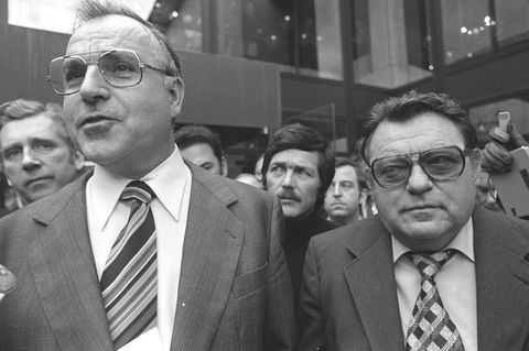 Helmut Kohl (l.) und Franz Josef Strauß nach dem ersten Gespräch zwischen CDU und CSU nach dem Kreuther Beschluss