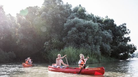 Kanutour mit drei Kindern auf dem Strom: Familie Draf paddelt auf der Donau.