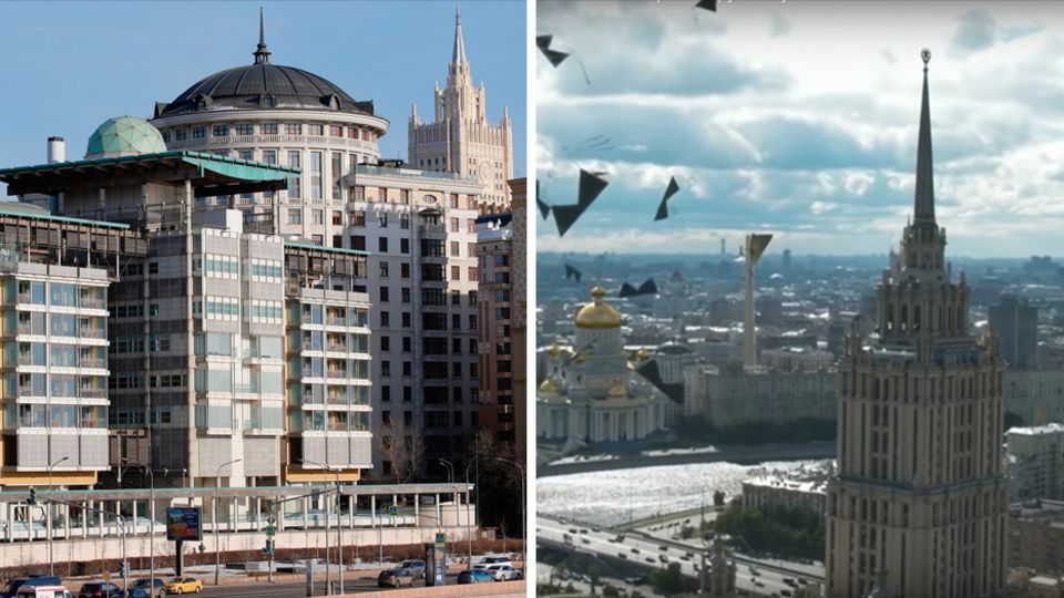 Dort, wo im rechten Bild aus dem WM-Video goldene Kuppeln einer Kathedrale zu sehen sind, steht eigentlich die britische Botschaft in Moskau (l.)