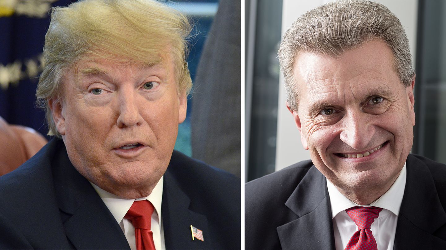 Ein Zusammenschnitt zeigt Donald Trump und EU-Kommissar Günther Oettinger