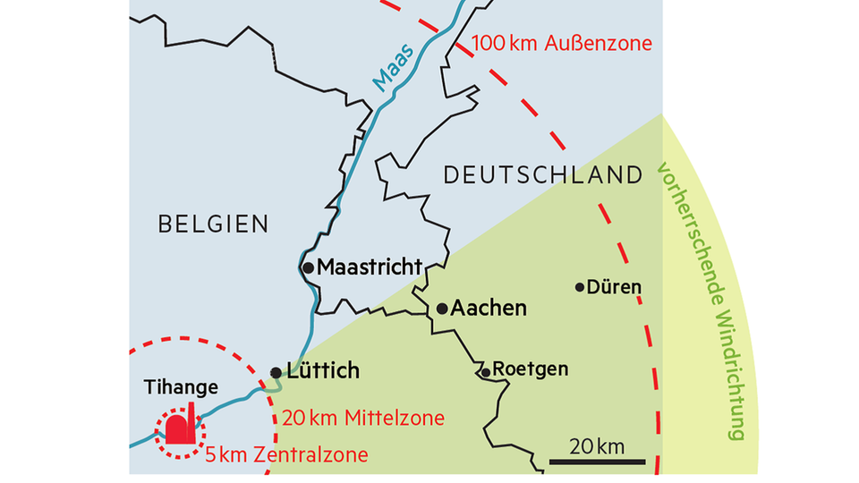 Belgien: Die Dreiländerregion Aachen liegt in der sogenannten Außenzone um das AKW Tihange. In diesem Bereich alarmiert der Katastrophenschutz im Fall eines Reaktorunfalls die Bevölkerung. Sie soll sich dann nicht im Freien aufhalten. Beim Meiler Tihange 2 ergaben zuletzt 2014 Ultraschall-Inspektionen, dass der Reaktordruckbehälter Tausende kleine Risse aufweist. Die Ursache ist unbekannt, weil aus dem Stahlmantel keine Proben genommen werden können, ohne ihn zu zerstören. Die belgische Atomaufsicht vermutet Wasserstoff-Einschlüsse, die bereits bei Fertigung des Metalls entstanden seien. Die steigende Zahl der festgestellten Risse erklärt sie mit verbesserten Messmethoden. Viele Atomexperten halten dies für hanebüchen. Die Dreiländerregion Aachen liegt in der sogenannten Außenzone um das AKW Tihange. In diesem Bereich alarmiert der Katastrophenschutz im Fall eines Reaktorunfalls die Bevölkerung. Sie soll sich dann nicht im Freien aufhalten. Beim Meiler Tihange 2 ergaben zuletzt 2014 Ultraschall-Inspektionen, dass der Reaktordruckbehälter Tausende kleine Risse aufweist. Die Ursache ist unbekannt, weil aus dem Stahlmantel keine Proben genommen werden können, ohne ihn zu zerstören. Die belgische Atomaufsicht vermutet Wasserstoff-Einschlüsse, die bereits bei Fertigung des Metalls entstanden seien. Die steigende Zahl der festgestellten Risse erklärt sie mit verbesserten Messmethoden. Viele Atomexperten halten dies für hanebüchen.