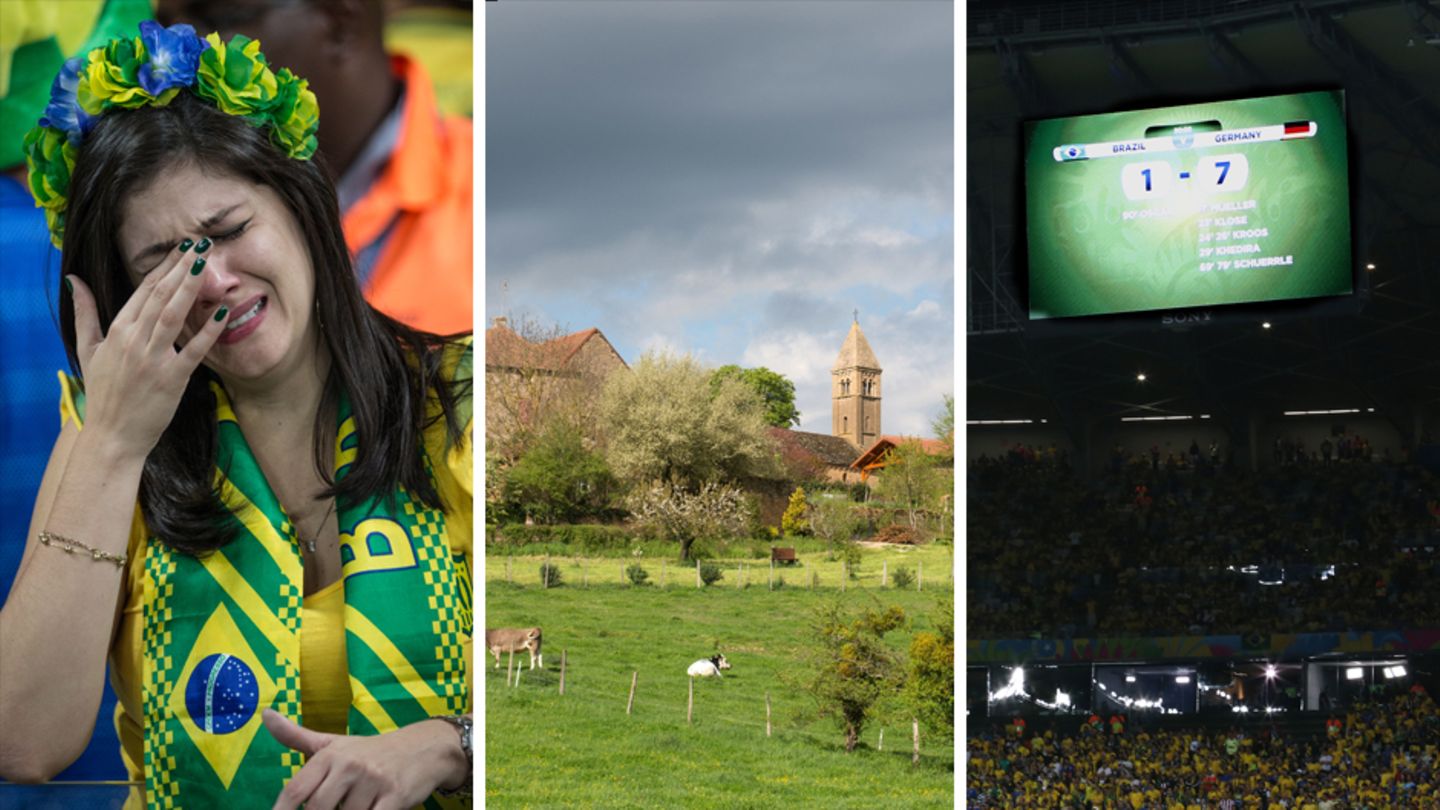 Die 1:7-Halbfinalniederlage gegen Deutschland bei der WM 2014 sorgte nicht nur im Stadion von Belo Horizonte (l.), sondern auch im französischen Dorf Taizé (m.) für Entsetzen bei den Brasilianern