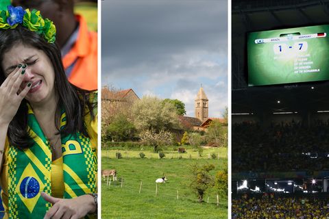 Die 1:7-Halbfinalniederlage gegen Deutschland bei der WM 2014 sorgte nicht nur im Stadion von Belo Horizonte (l.), sondern auch im französischen Dorf Taizé (m.) für Entsetzen bei den Brasilianern