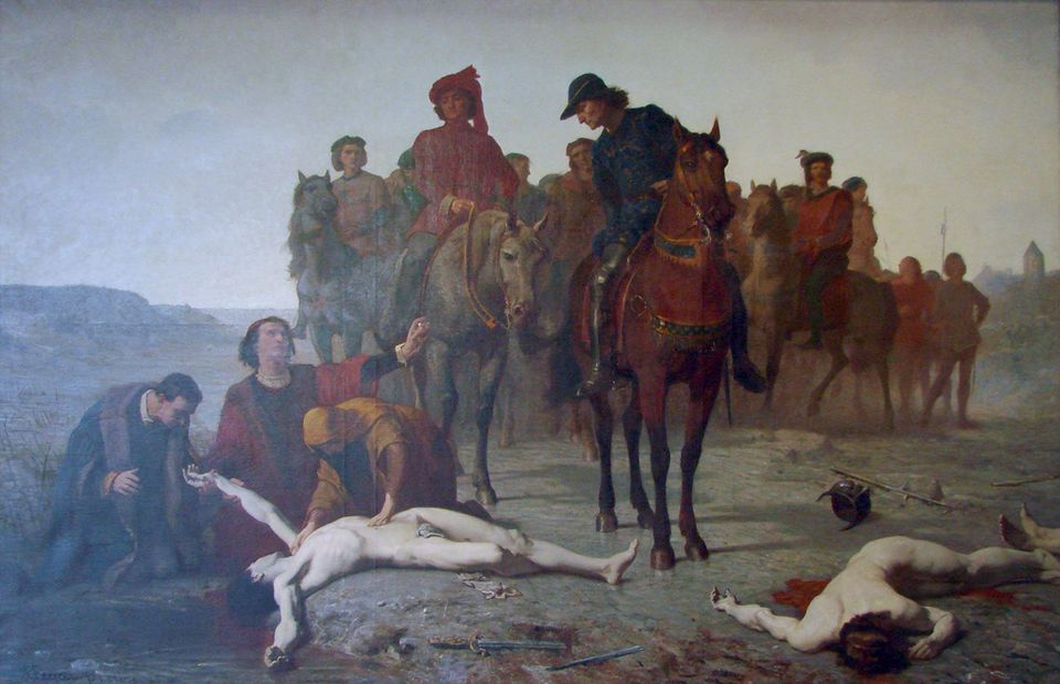 Die Leiche Karls des Kühnem wird gefunden. Der Maler Auguste Feyen-Perrin idealisierte den Toten, tatsächlich war der prachtliebende Fürst vollkommen entstellt.