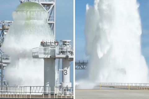 1,7 Millionen Liter Wasser innerhalb von Sekunden: Das Kennedy Space Center der NASA führt einen sogenannten "wet flow test" durch.