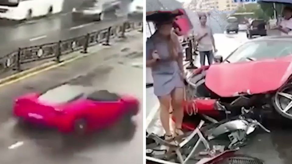 Frau mietet Ferrari und baut sofort einen Totalschaden Frau mietet Ferrari und baut sofort einen Totalschaden