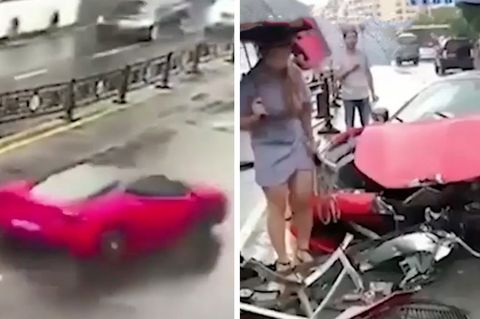 Frau mietet Ferrari und baut sofort einen Totalschaden