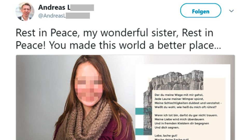 Der Bruder der Vermissten trauert in den sozialen Medien um seine Schwester Der Bruder der Vermissten trauert in den sozialen Medien um seine Schwester