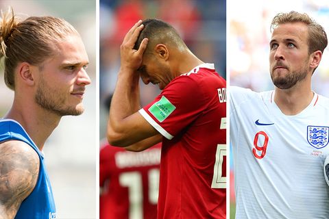 Eine Kobo zeigt die WM-Spieler Rurik Gislason, Aziz Bouhaddouz und Harry Kane (v.l.n.r.)