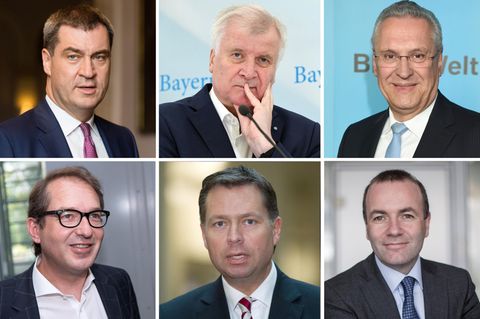 Markus Söder, Horst Seehofer, Joachim Herrmann (o.v.l.), Alexander Dobrindt, Stephan Mayer und Manfred Weber (u.v.l.)