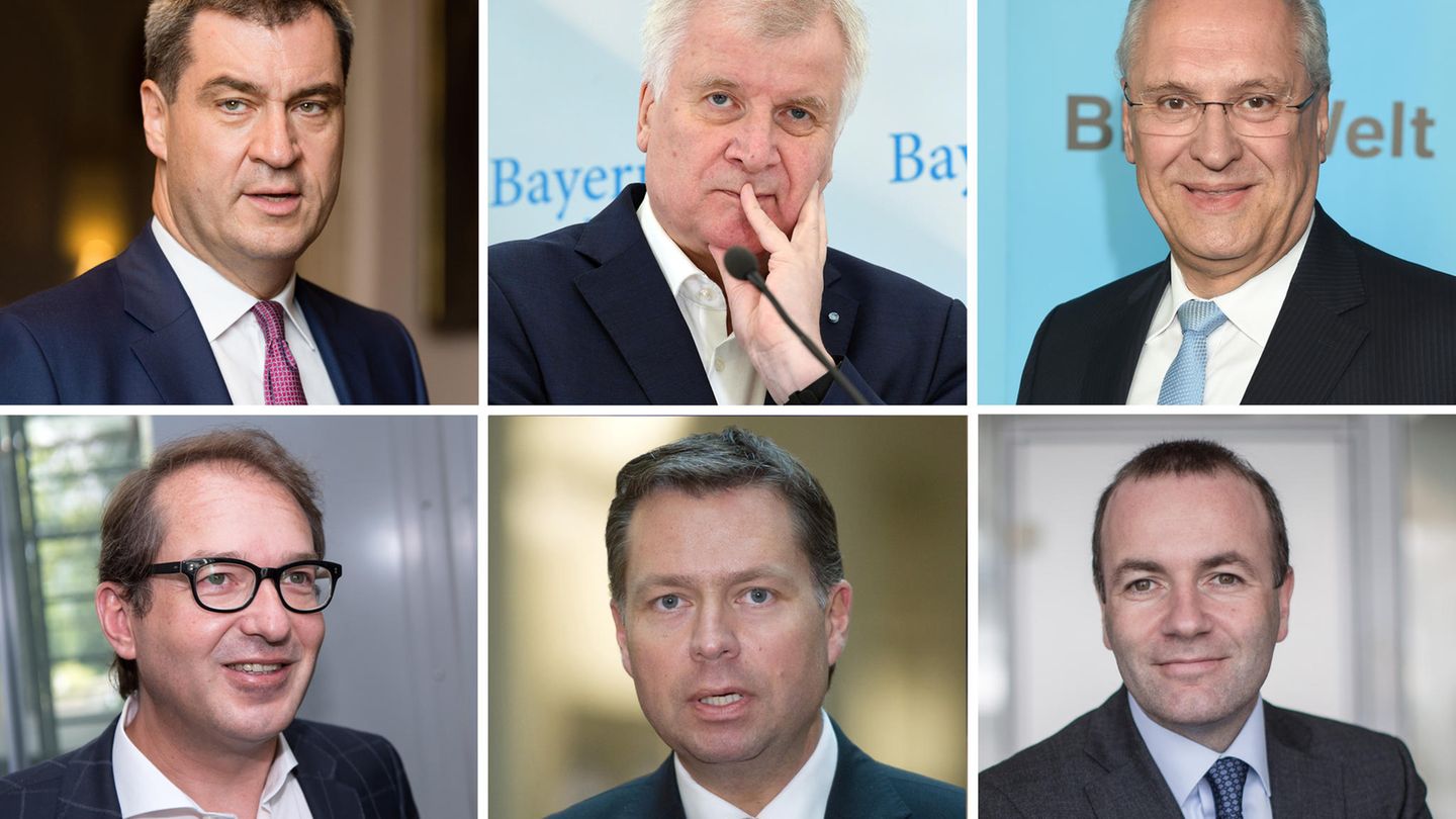 Markus Söder, Horst Seehofer, Joachim Herrmann (o.v.l.), Alexander Dobrindt, Stephan Mayer und Manfred Weber (u.v.l.)