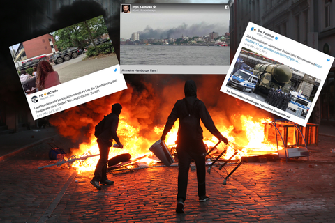 G20-Randalierer stehen in der Hamburger Sternschanze vor einer brennenden Barrikade
