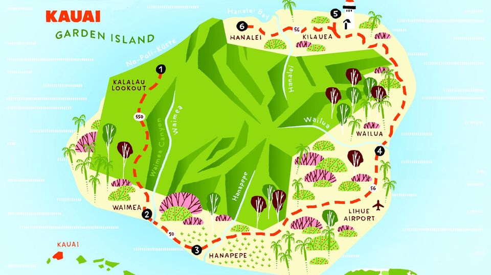 Roadtrip in Hawaii: Auf gut 1400 Quadratkilometern rauschen im Landesinnern unzählige Wasserfälle die moosbewachsenen Felsen hinab, verströmen exotische Blüten ihren Duft. Und sogar wild lebende Hühner, Maskottchen der Kauaianer, gibt es in diesem Garten Eden. Für einen ersten Überblick erklimmt man am besten frühmorgens an der nördlichen Na Pali-Küste den Kalalau-Aussichtspunkt in 1200 Meter Höhe. Hin kommt man über die Kokee Road (Route 550, am 18-Meilen-Schild abfahren). Auf gut 1400 Quadratkilometern rauschen im Landesinnern unzählige Wasserfälle die moosbewachsenen Felsen hinab, verströmen exotische Blüten ihren Duft. Und sogar wild lebende Hühner, Maskottchen der Kauaianer, gibt es in diesem Garten Eden. Für einen ersten Überblick erklimmt man am besten frühmorgens an der nördlichen Na Pali-Küste den Kalalau-Aussichtspunkt in 1200 Meter Höhe. Hin kommt man über die Kokee Road (Route 550, am 18-Meilen-Schild abfahren).
