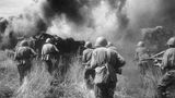 Russische Infanterie geht inmitten brennender Wracks vor.
