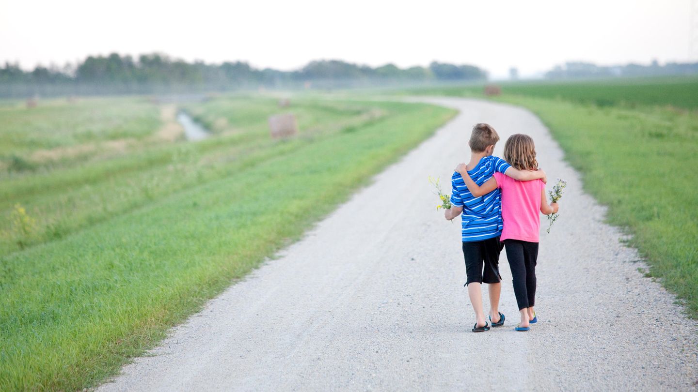 Zwei Kinder spazieren Arm in Arm über einen Weg