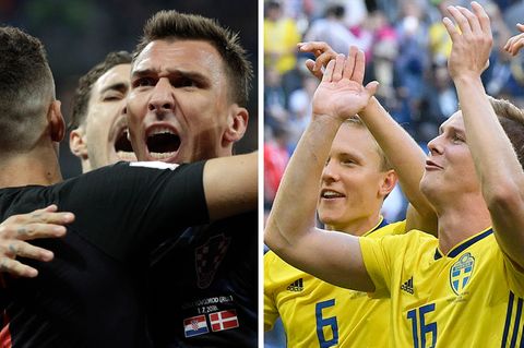 Spieler der Nationalmannschaften von Kroatien (l.) und Schweden