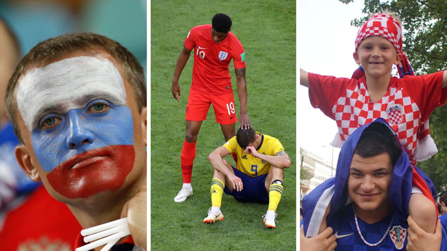 Links schaut ein russischer Fan traurig, in der Mitte tröstet ein englischer Spieler einen Schweden und rechts feiern Kroaten.