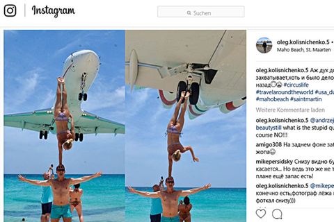 Akrobatische Szene an der Piste des Princess Juliana International Airport auf der Karibikinsel Sint Maarten.