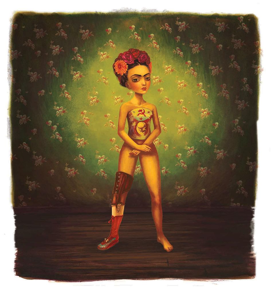 Frida Kahlo mit Rosen im Haar, Zigarette in der Hand, Gipskorsett und Gehhilfe